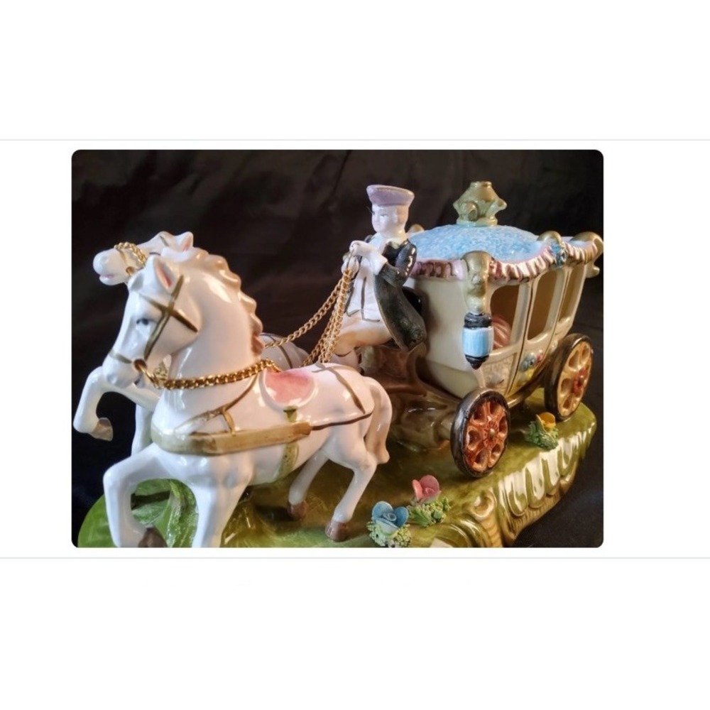 Vintage Bisque Porcelain Horse Drawn Carriage Figurine Driver Woman Inside Japan